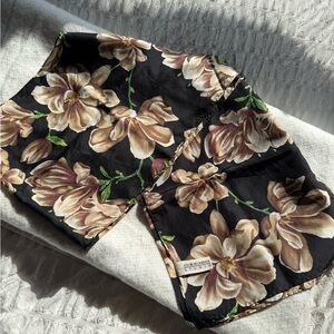 Oscar de la Renta Black Silk Scarf with Beige Floral Print